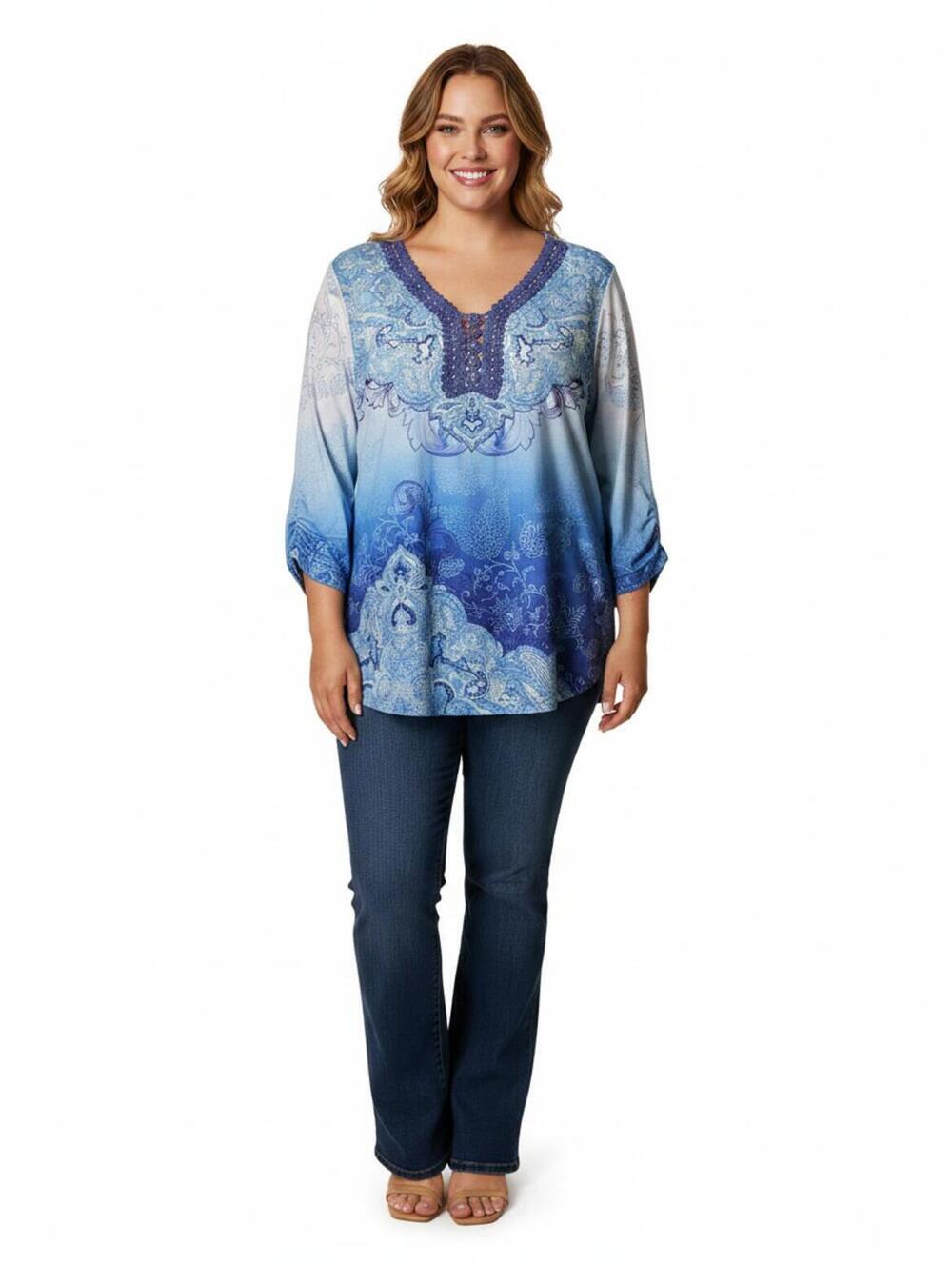 Closet Full Blue Ombre Patterned V-Neck Blouse XL